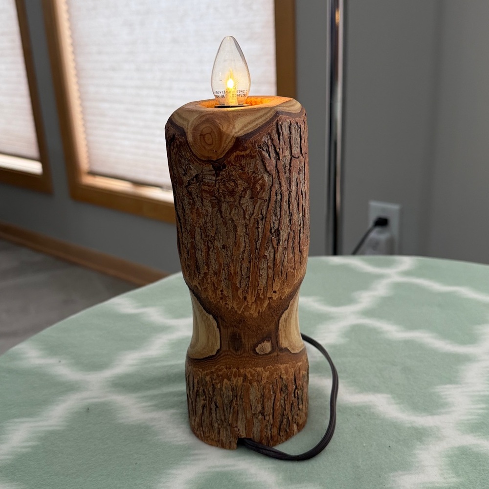 Handmade Rustic Wood Log Lamp that looks like a candle - Picture 4 of 8